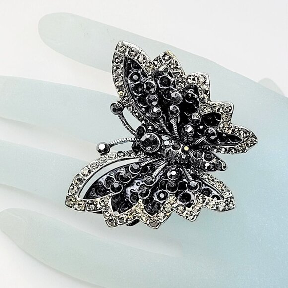 VINTAGE Black Rhinestones Large Butterfly Stretch Ring - Picture 1 of 12